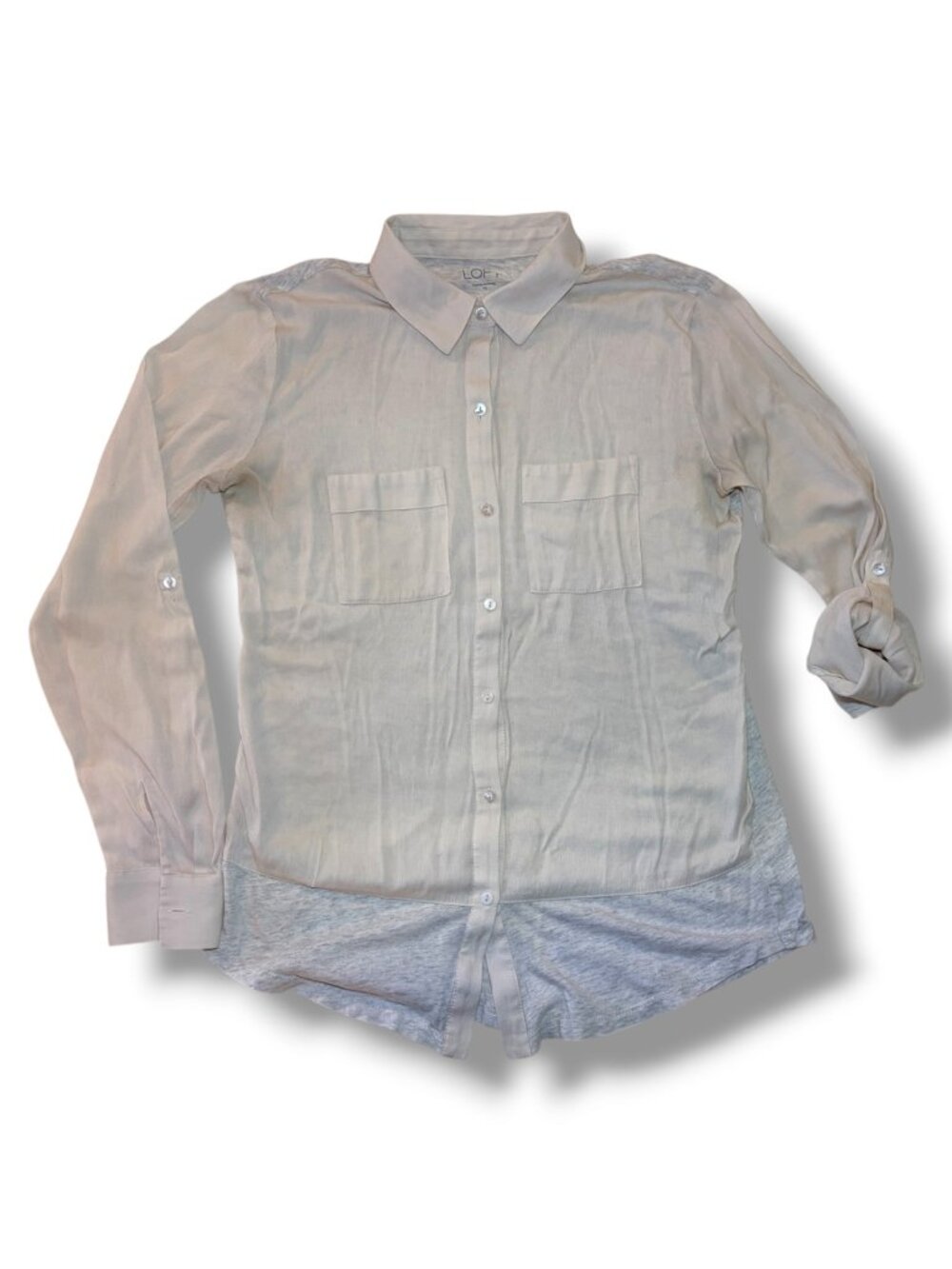 Ann Taylor Loft Long Sleeve Shirt Two Tone Oatmeak Grey